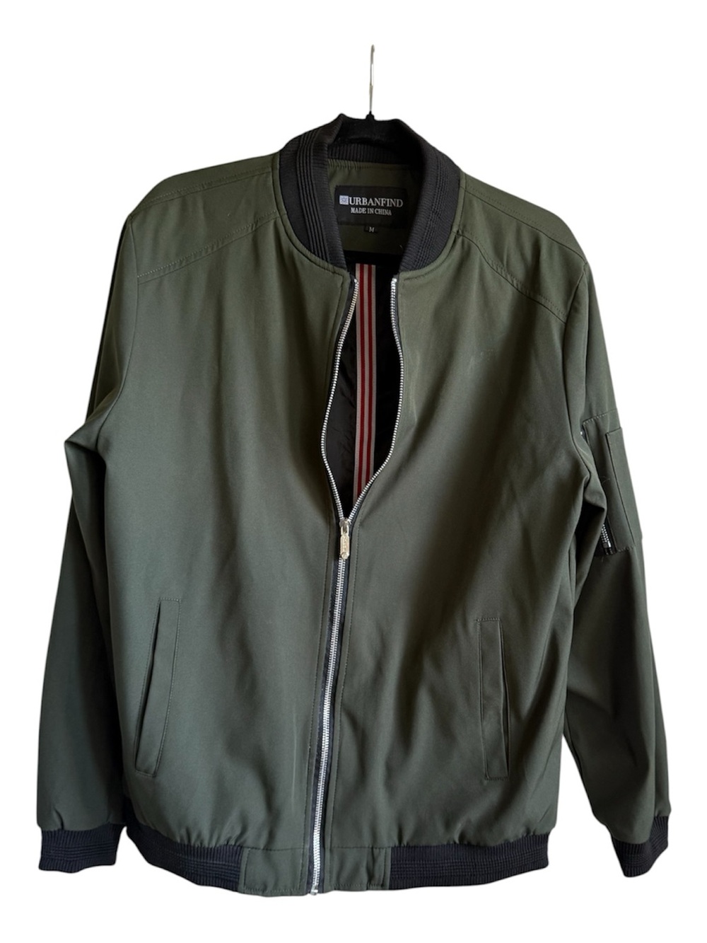 Urban Finds Olive Green Bomber Jacket with Black Ribbed Trim
